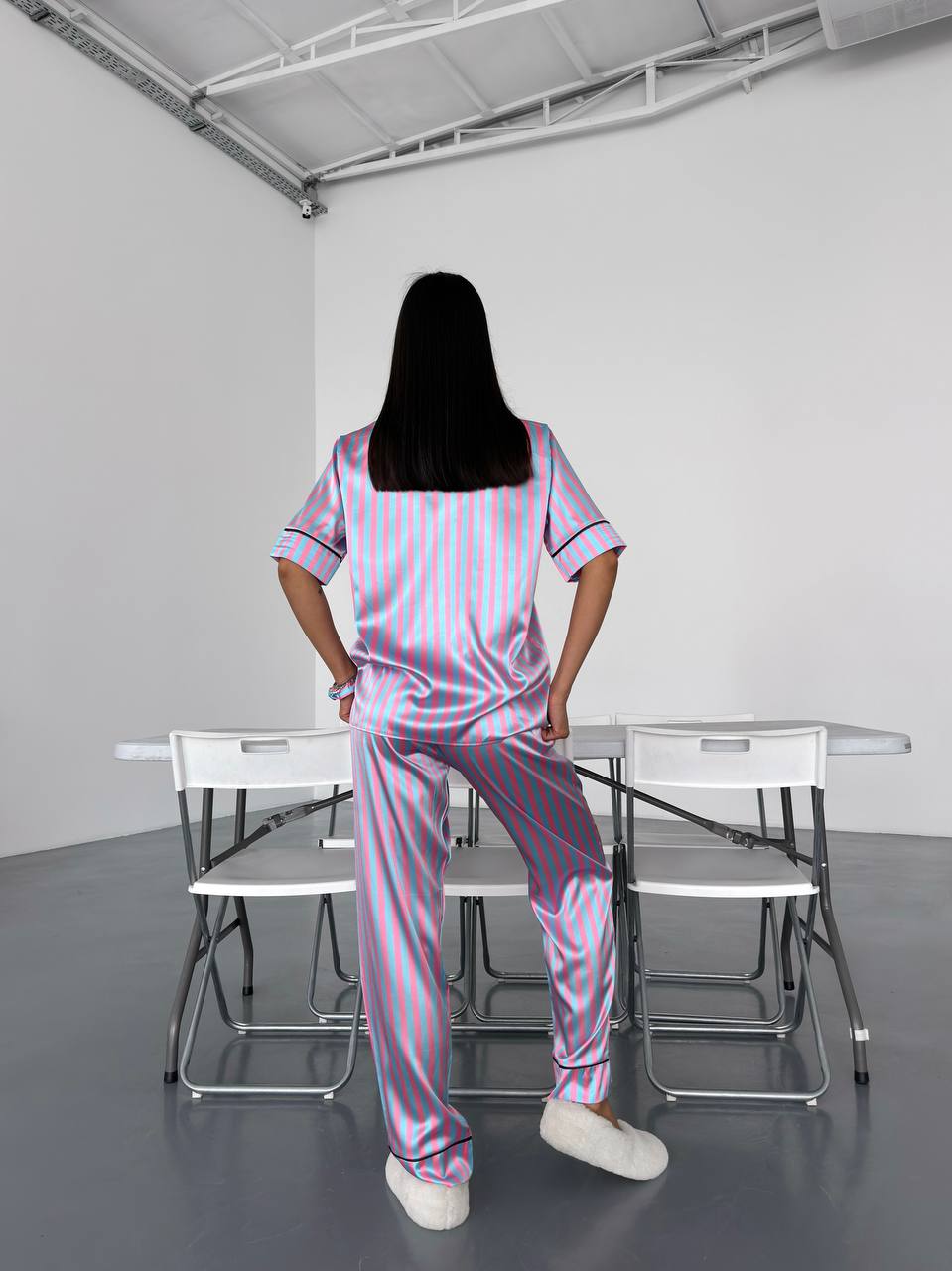 Pembe Çizgili Saten Kısa Kollu Gömlek VS Kadın Pijama Takımı
