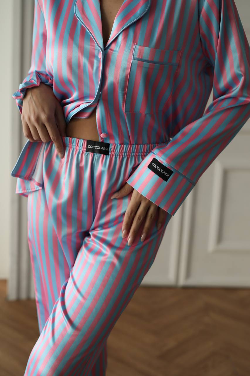 Pembe Mavi Çizgili Saten Gömlek Kadın Pijama Takımı