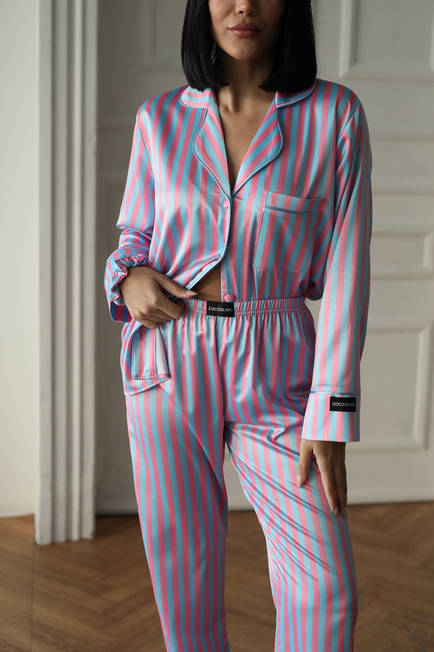 Pembe Mavi Çizgili Saten Gömlek Kadın Pijama Takımı