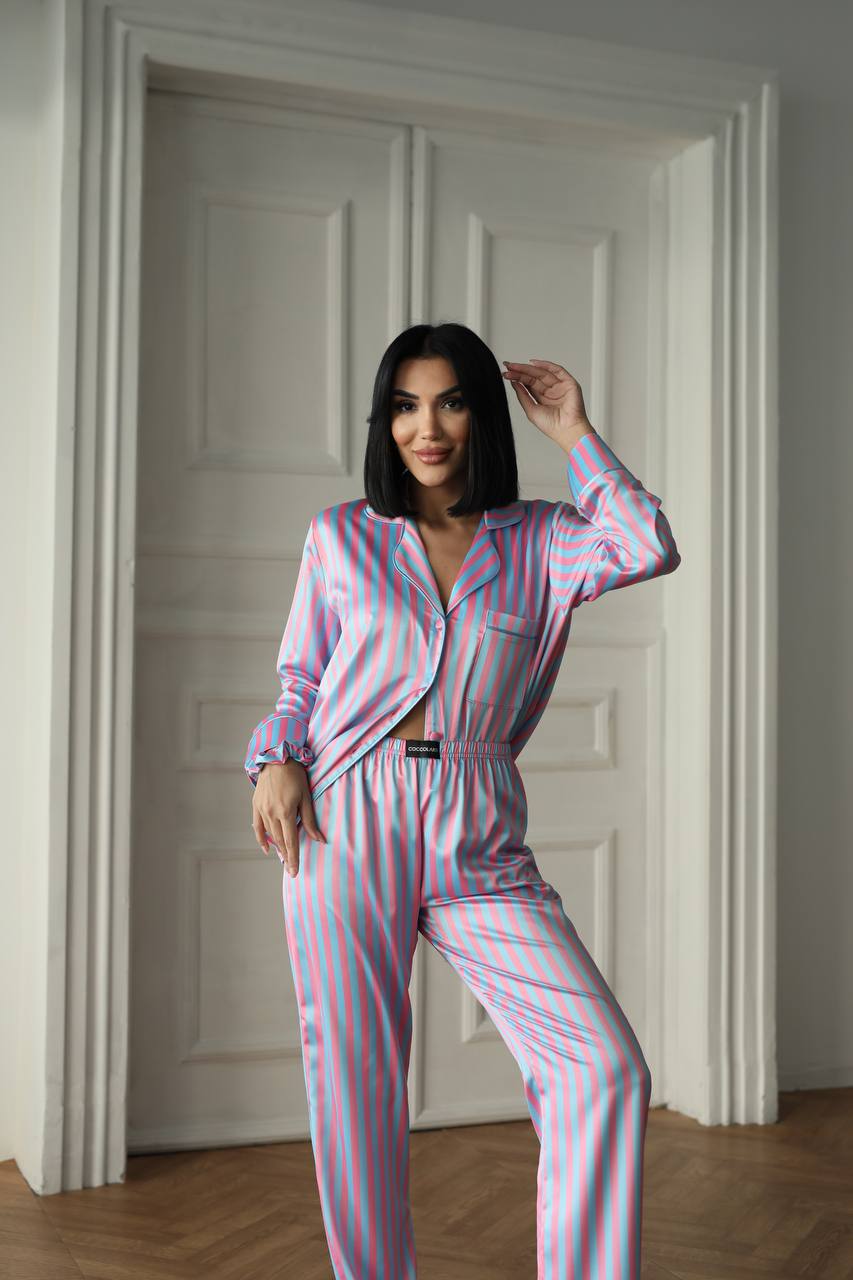 Pembe Mavi Çizgili Saten Gömlek Kadın Pijama Takımı