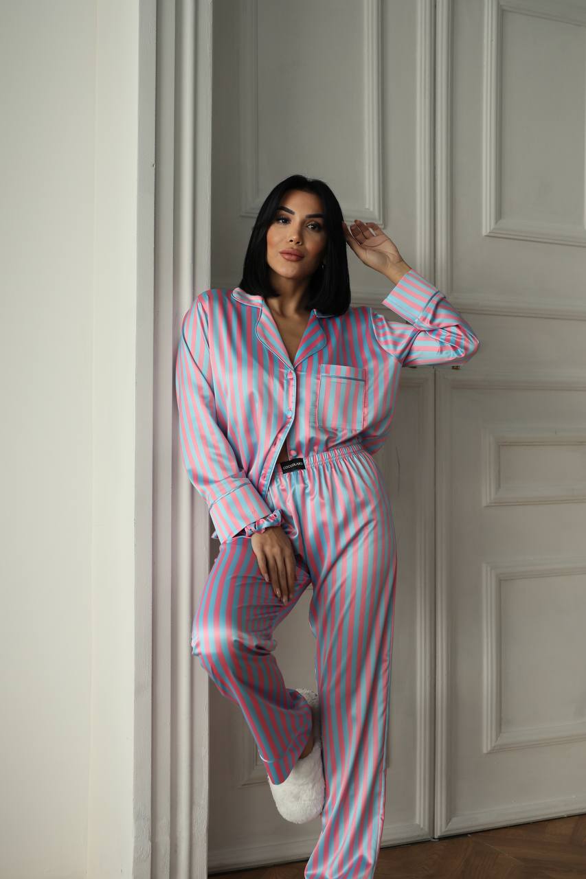 Pembe Mavi Çizgili Saten Gömlek Kadın Pijama Takımı