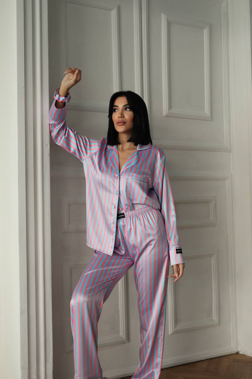 Pembe Mavi Çizgili Saten Gömlek Kadın Pijama Takımı