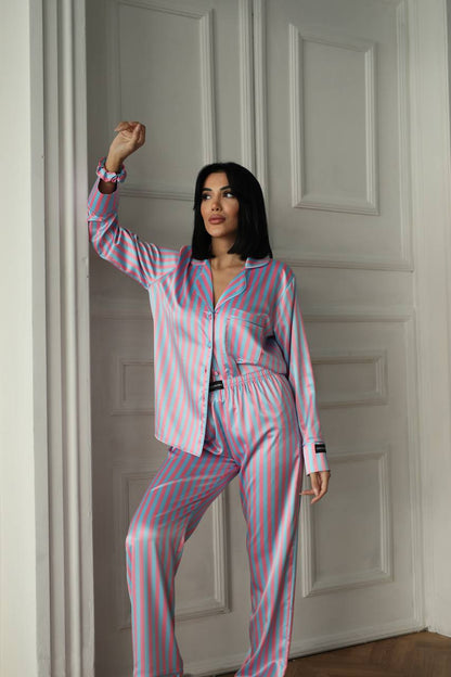 Pembe Mavi Çizgili Saten Gömlek Kadın Pijama Takımı