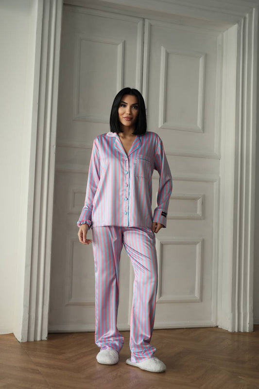 Pembe Mavi Çizgili Saten Gömlek Kadın Pijama Takımı