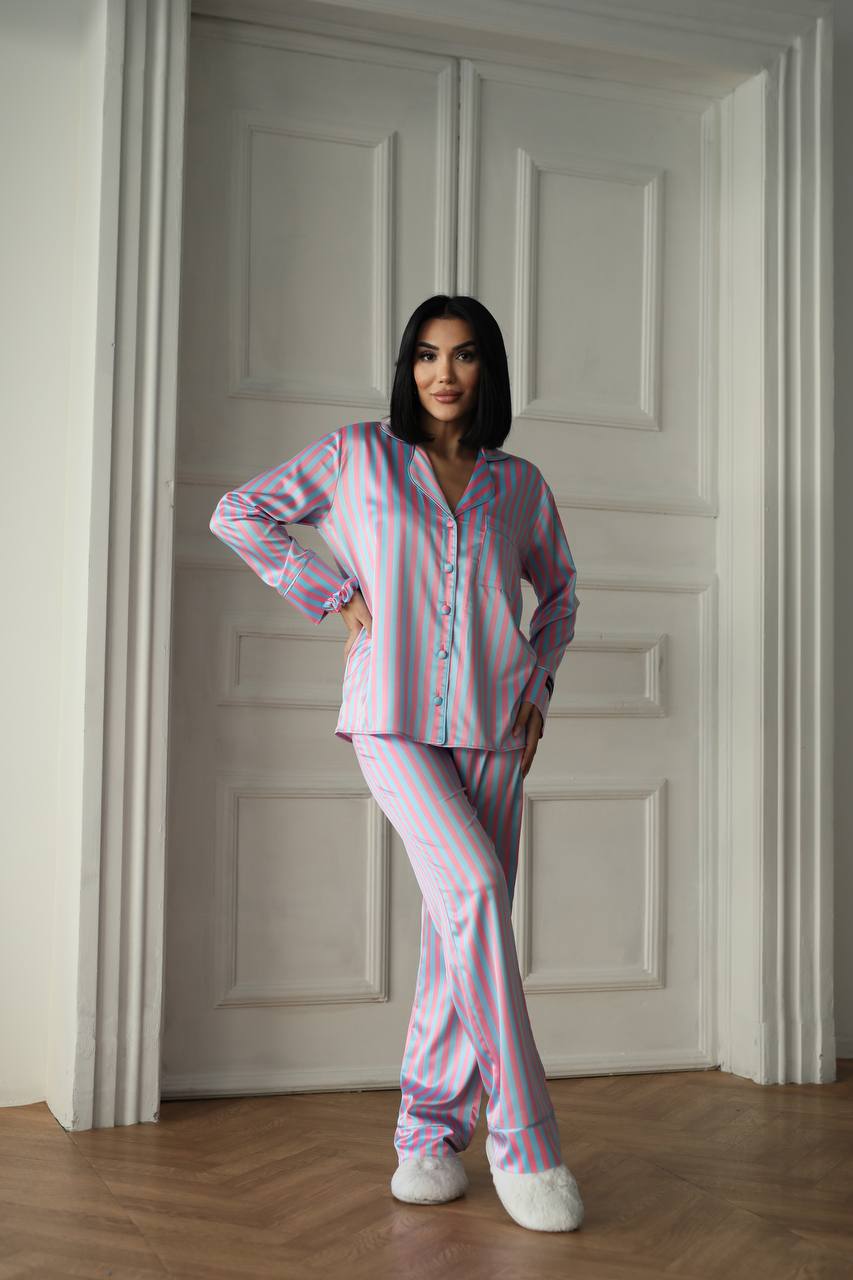 Pembe Mavi Çizgili Saten Gömlek Kadın Pijama Takımı