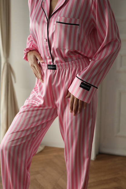 Pembe Tonları Çizgili Saten Gömlek Kadın Pijama Takımı