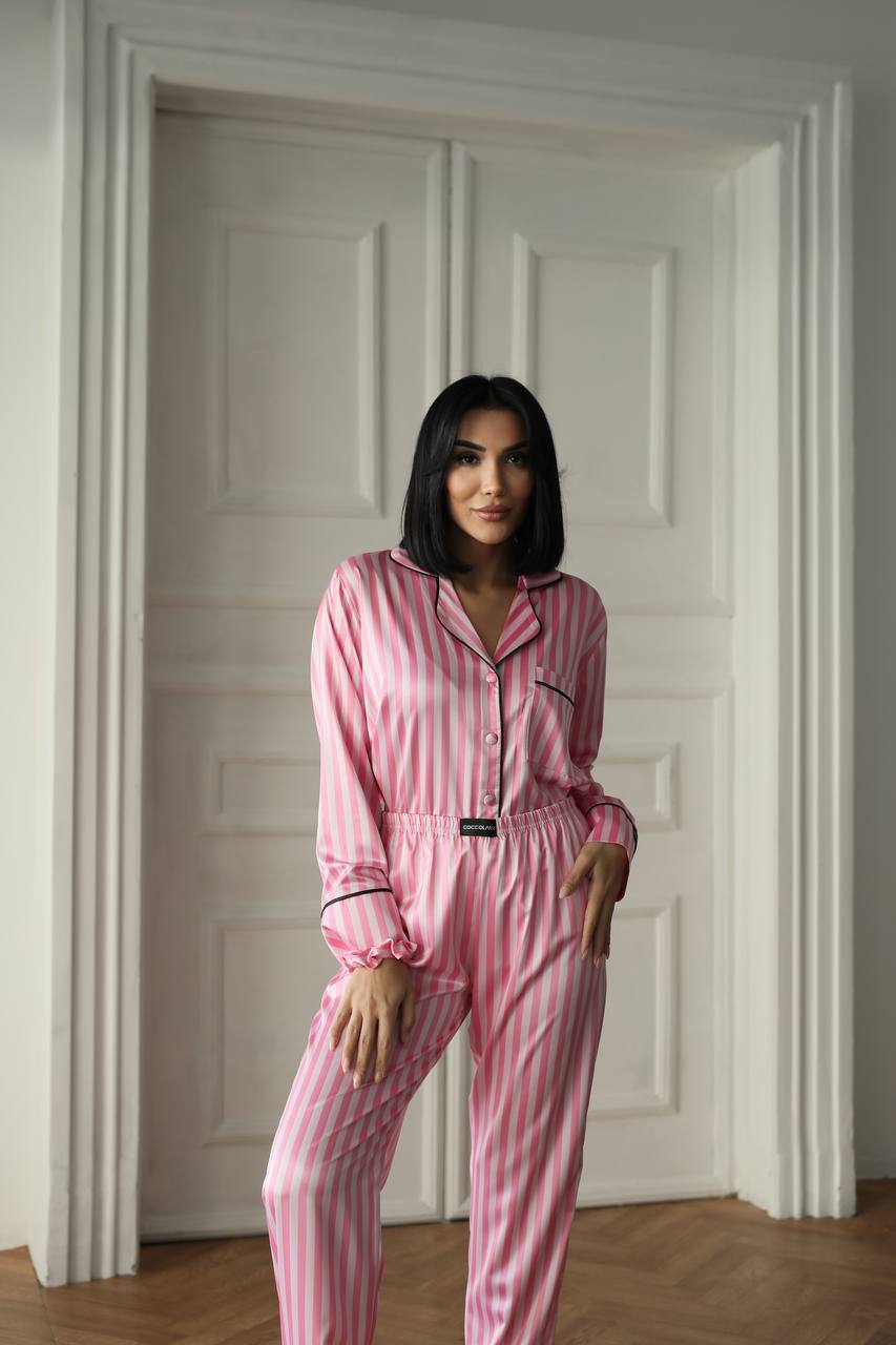 Pembe Tonları Çizgili Saten Gömlek Kadın Pijama Takımı