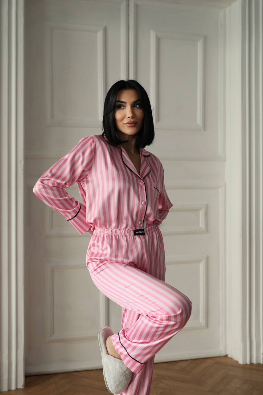 Pembe Tonları Çizgili Saten Gömlek Kadın Pijama Takımı