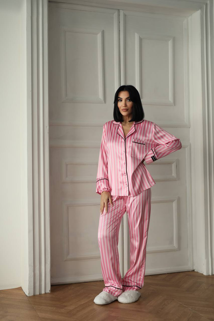 Pembe Tonları Çizgili Saten Gömlek Kadın Pijama Takımı