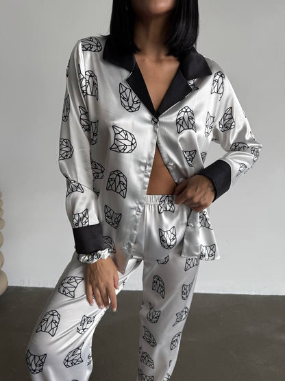 Panter Figürlü Saten Gömlek Kadın Pijama Takımı