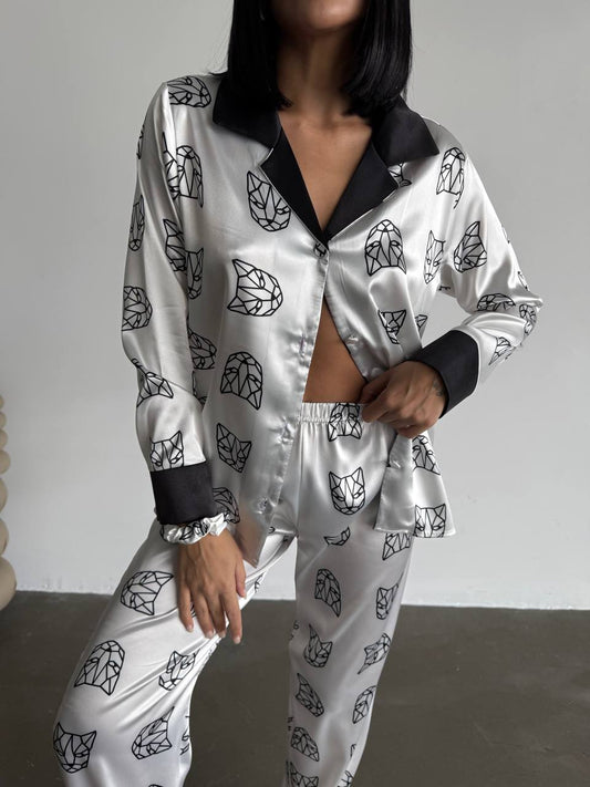 Panter Figürlü Saten Gömlek Kadın Pijama Takımı