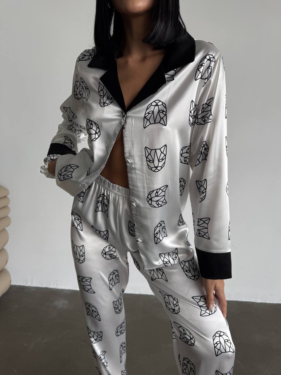 Panter Figürlü Saten Gömlek Kadın Pijama Takımı