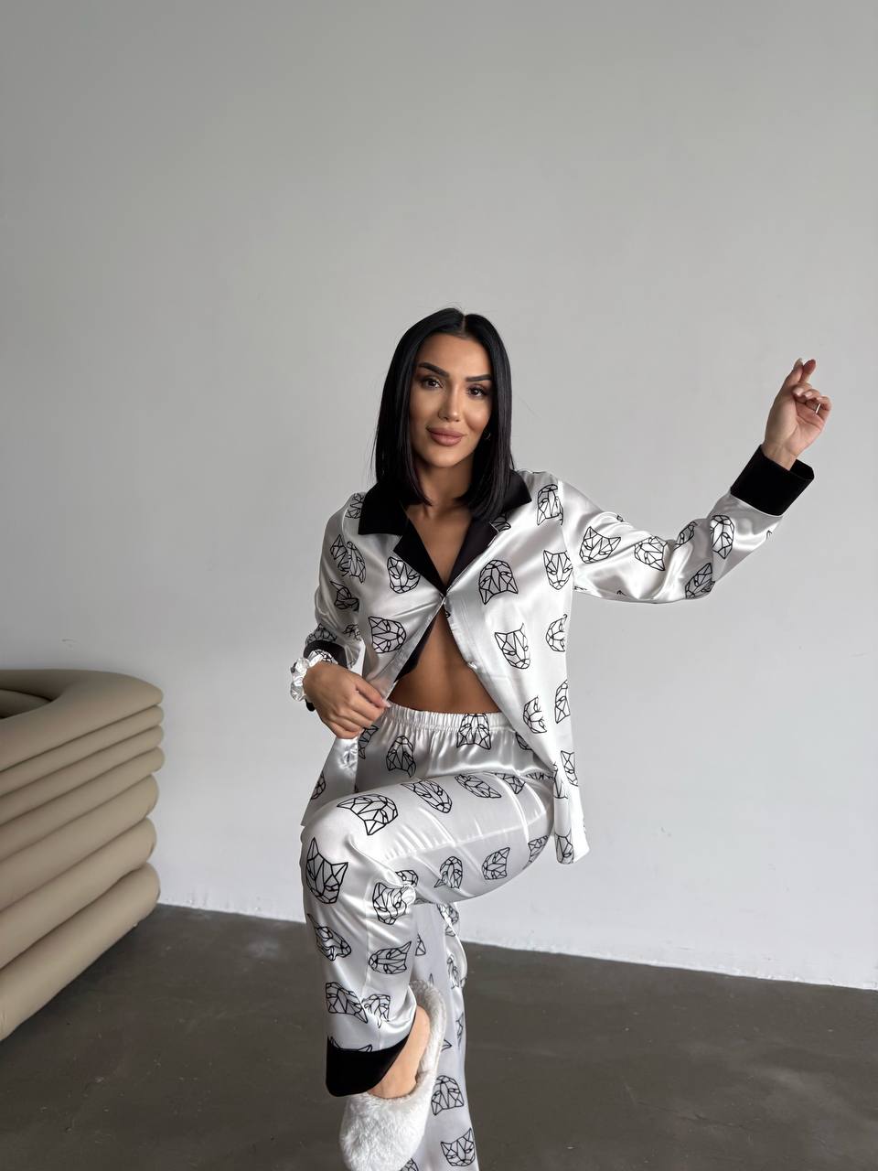 Panter Figürlü Saten Gömlek Kadın Pijama Takımı
