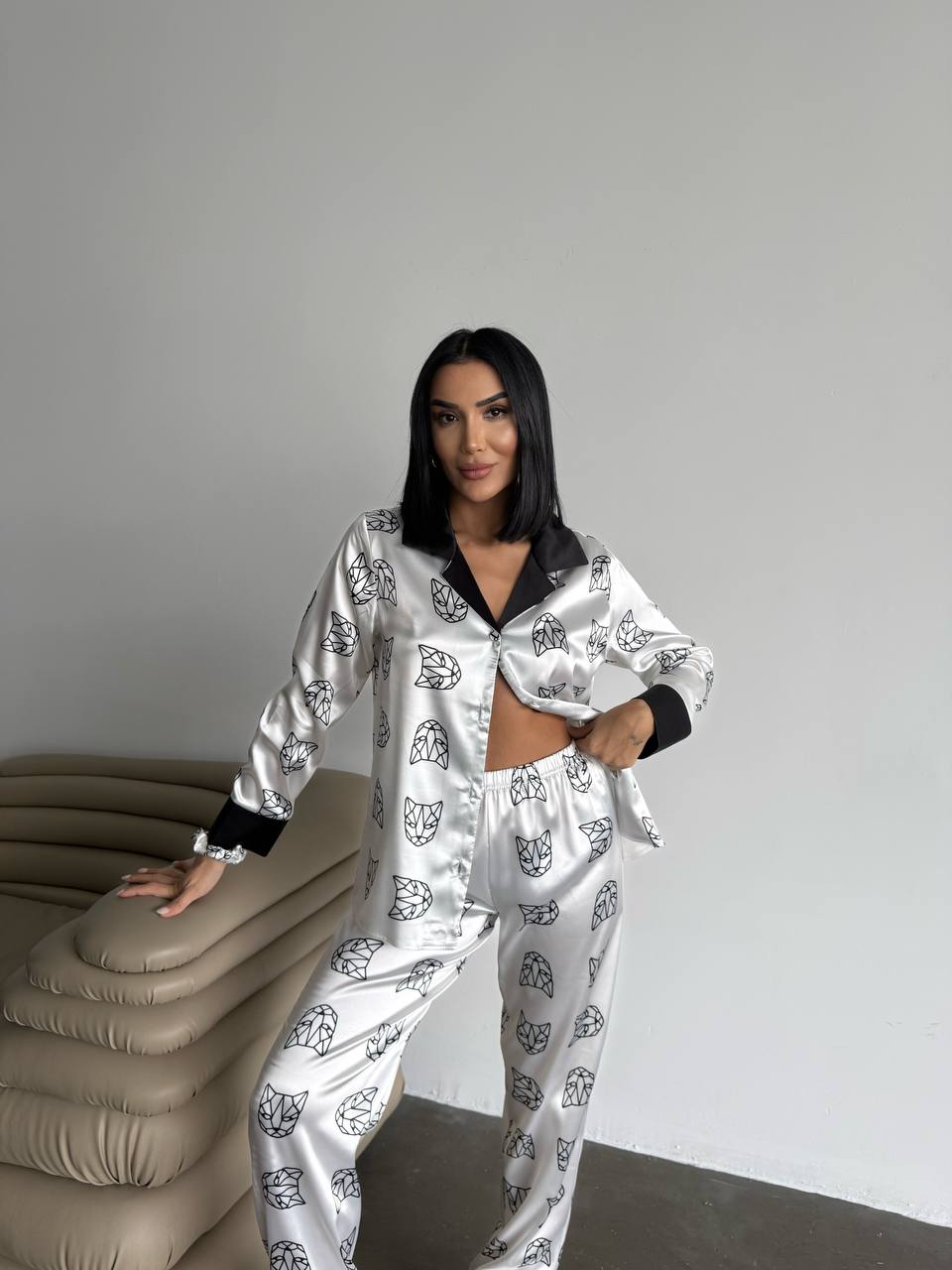 Panter Figürlü Saten Gömlek Kadın Pijama Takımı