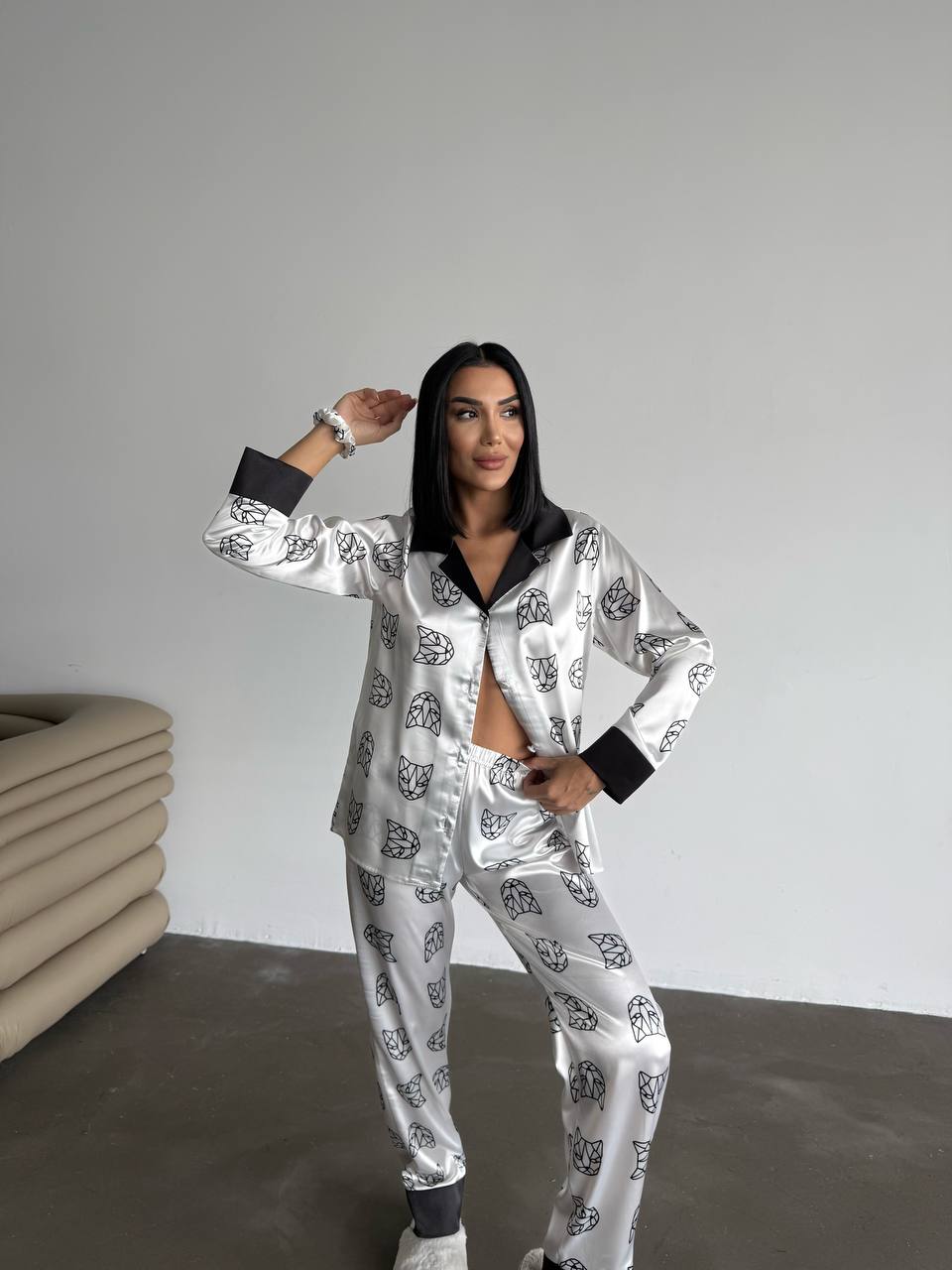 Panter Figürlü Saten Gömlek Kadın Pijama Takımı