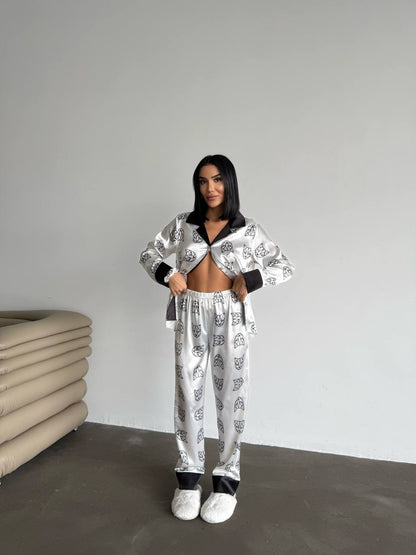 Panter Figürlü Saten Gömlek Kadın Pijama Takımı