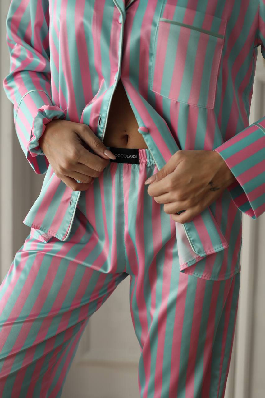 Pembe Yeşil Çizgili Saten Gömlek Kadın Pijama Takımı