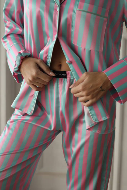 Pembe Yeşil Çizgili Saten Gömlek Kadın Pijama Takımı