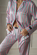 Pembe Yeşil Çizgili Saten Gömlek Kadın Pijama Takımı