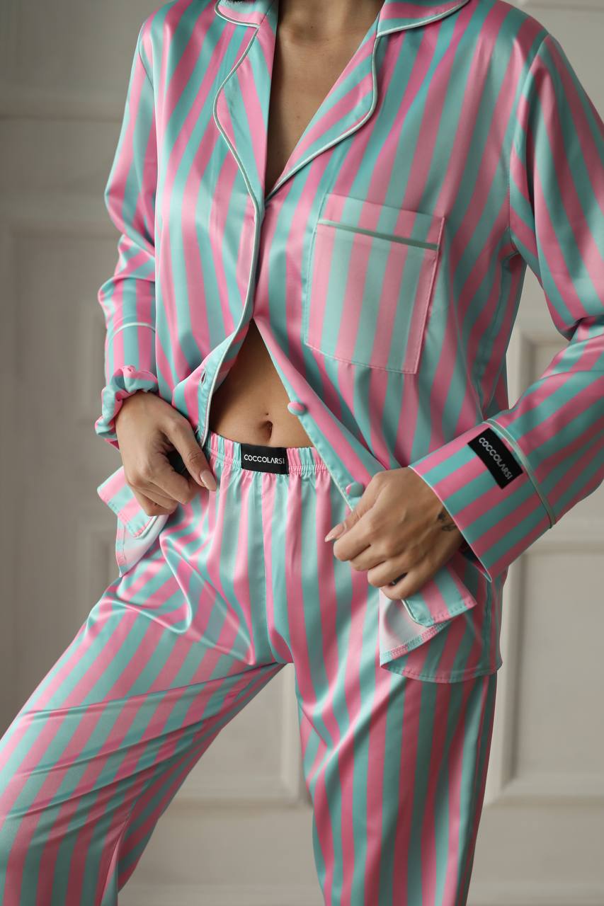 Pembe Yeşil Çizgili Saten Gömlek Kadın Pijama Takımı