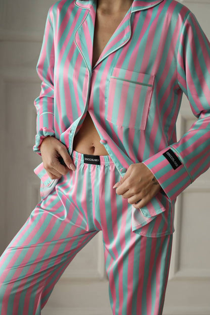 Pembe Yeşil Çizgili Saten Gömlek Kadın Pijama Takımı