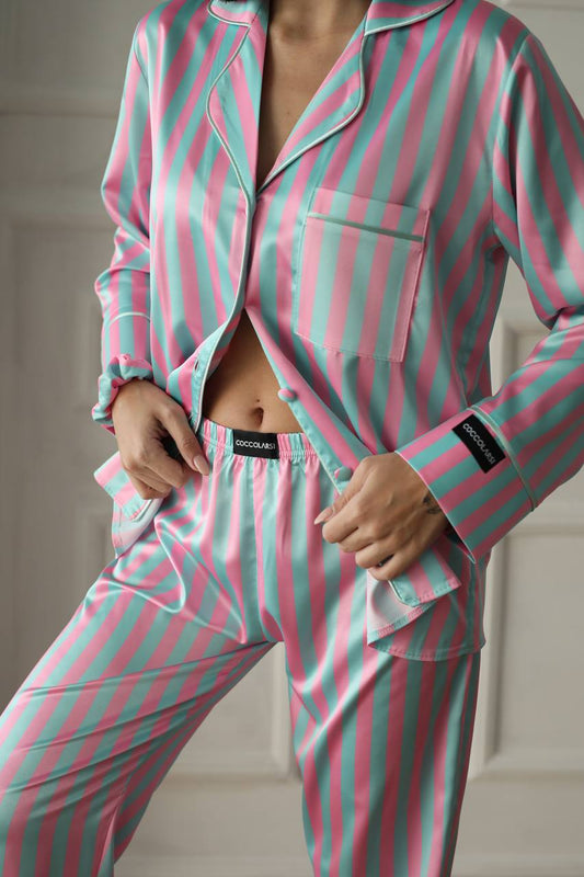 Pembe Yeşil Çizgili Saten Gömlek Kadın Pijama Takımı
