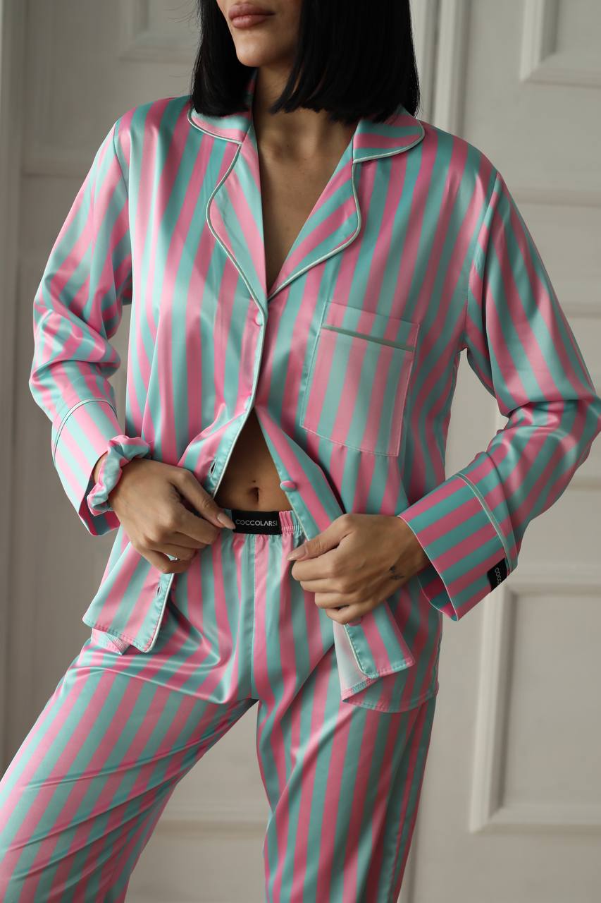 Pembe Yeşil Çizgili Saten Gömlek Kadın Pijama Takımı