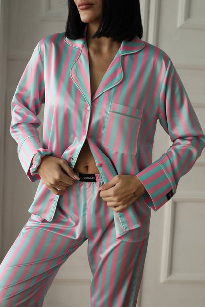 Pembe Yeşil Çizgili Saten Gömlek Kadın Pijama Takımı