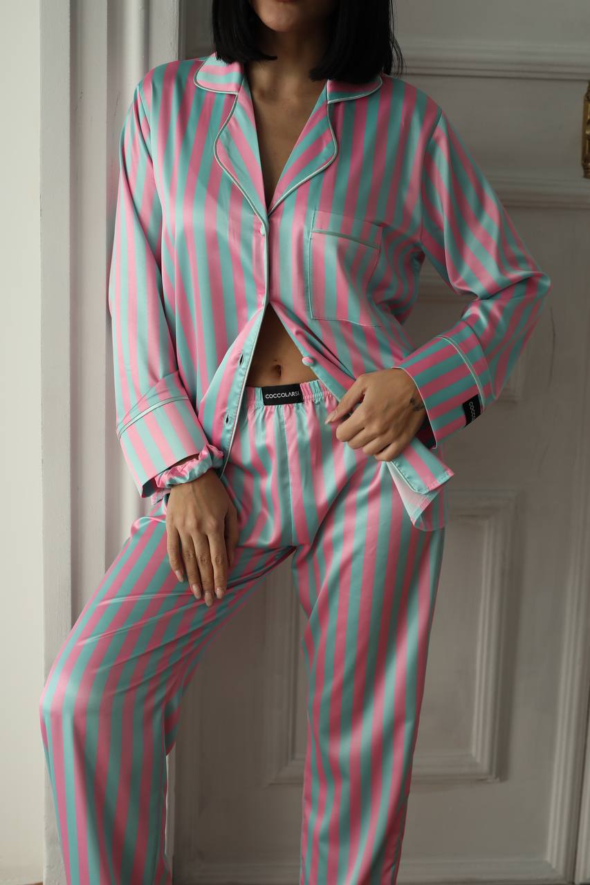 Pembe Yeşil Çizgili Saten Gömlek Kadın Pijama Takımı
