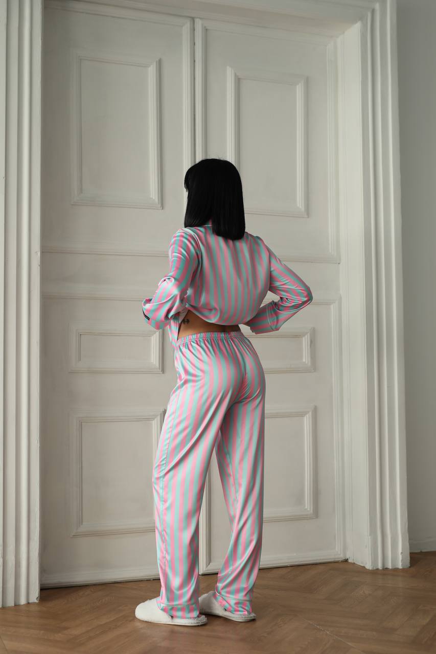 Pembe Yeşil Çizgili Saten Gömlek Kadın Pijama Takımı