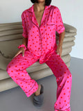 Pembe Puantiyeli Saten Kadın Pijama Takımı