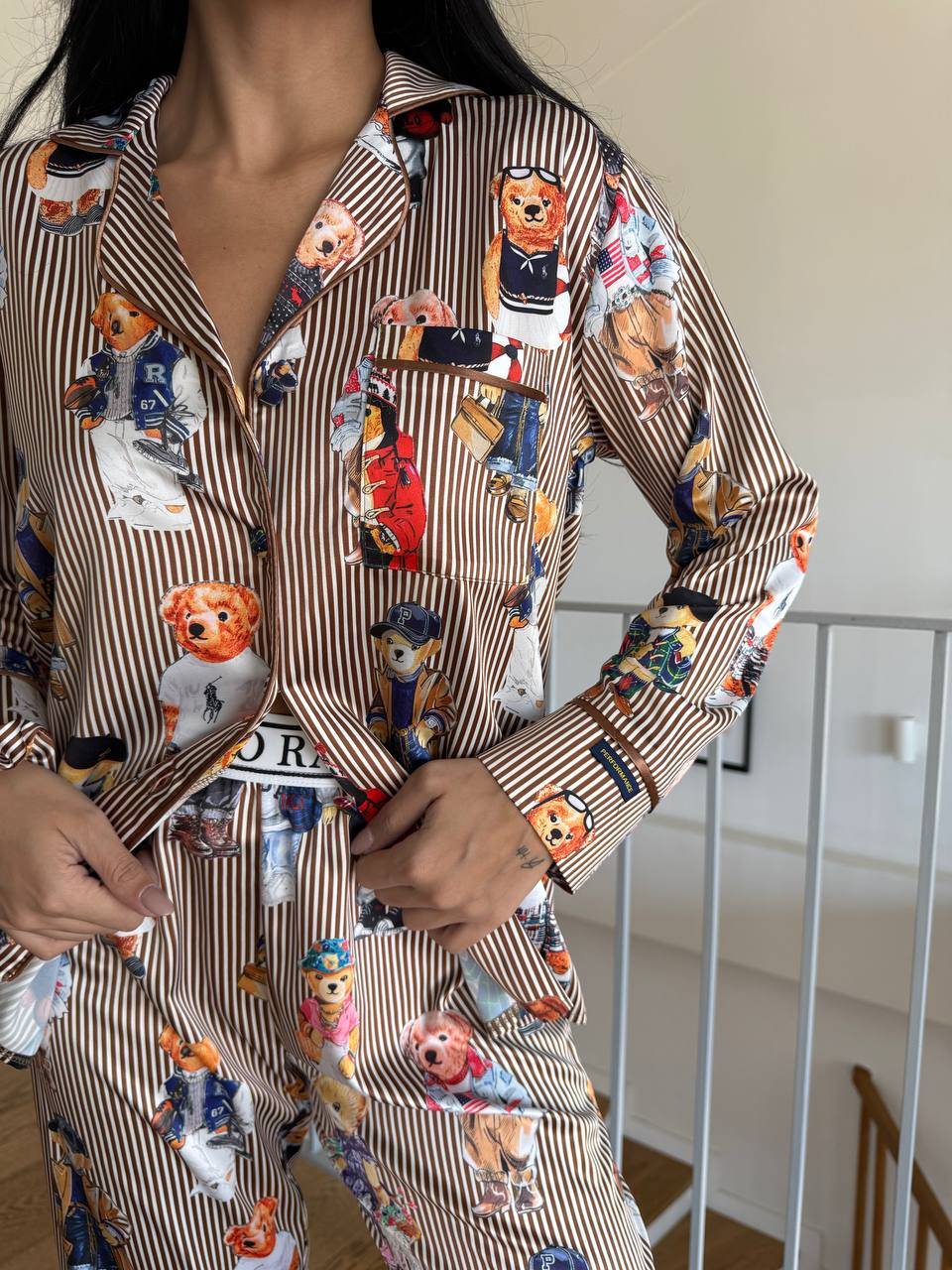 Kahverengi Çizgili Saten Ayıcık Desenli Polo RL Kadın Pijama Takımı