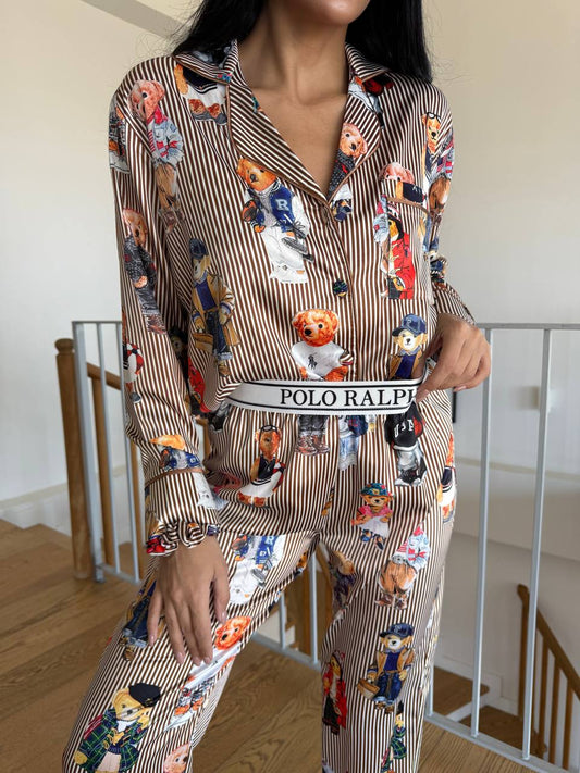 Kahverengi Çizgili Saten Ayıcık Desenli Polo RL Kadın Pijama Takımı