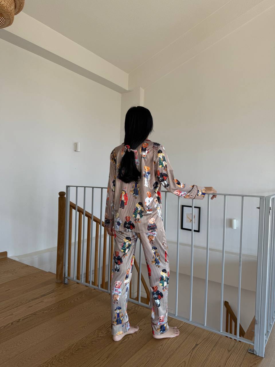 Kahverengi Çizgili Saten Ayıcık Desenli Polo RL Kadın Pijama Takımı