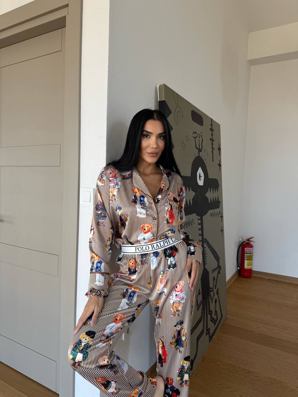 Kahverengi Çizgili Saten Ayıcık Desenli Polo RL Kadın Pijama Takımı