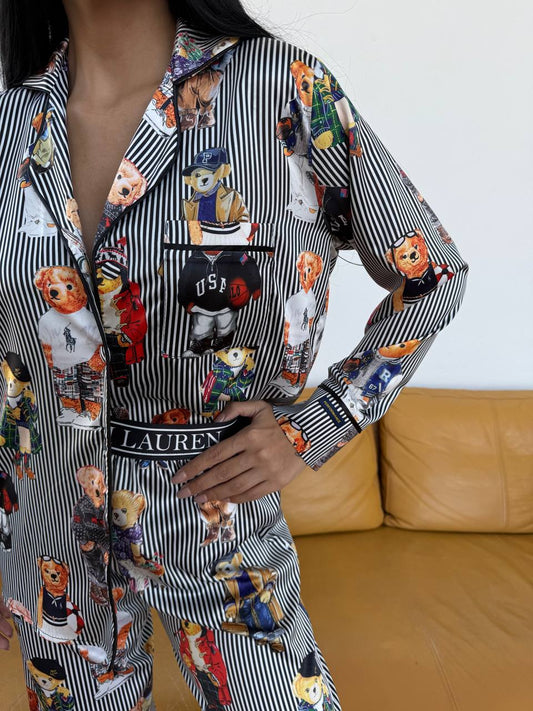Siyah Çizgili Saten Ayıcık Desenli Polo RL Kadın Pijama Takımı