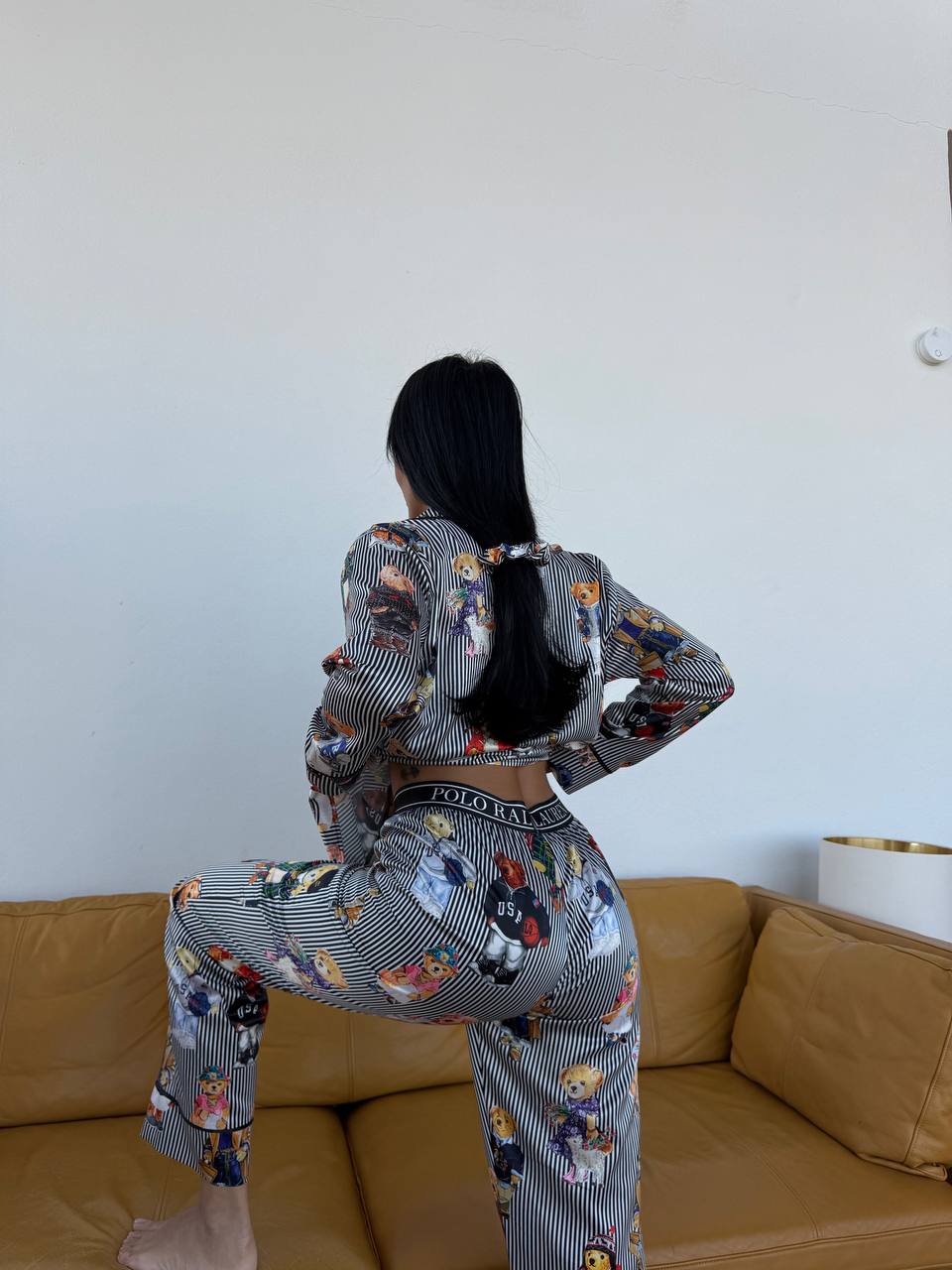 Siyah Çizgili Saten Ayıcık Desenli Polo RL Kadın Pijama Takımı