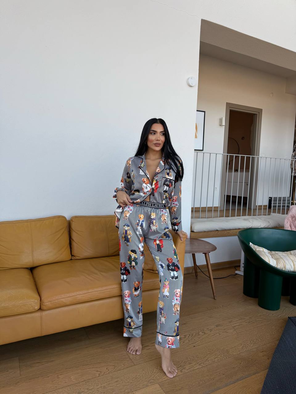 Siyah Çizgili Saten Ayıcık Desenli Polo RL Kadın Pijama Takımı
