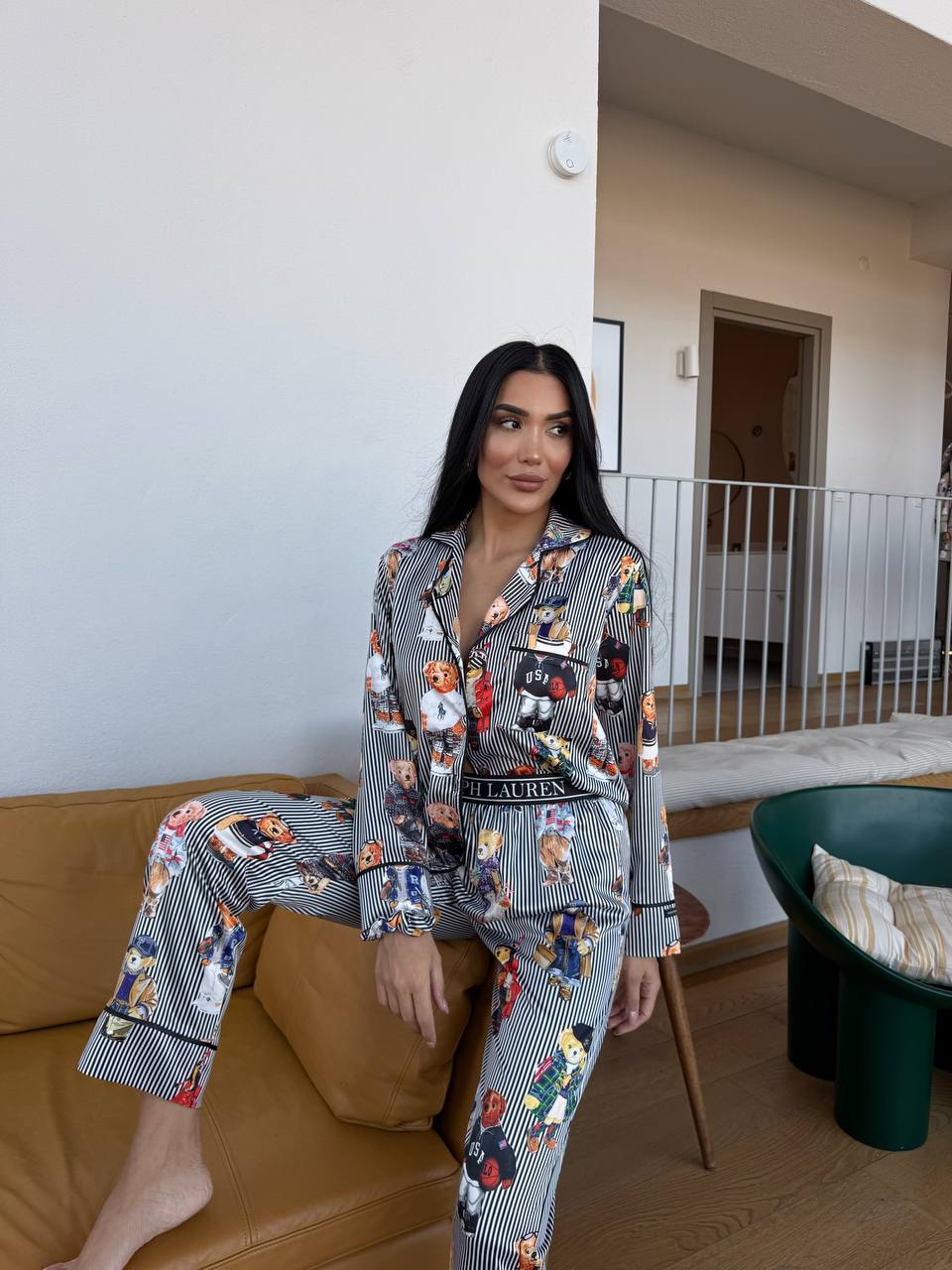 Siyah Çizgili Saten Ayıcık Desenli Polo RL Kadın Pijama Takımı