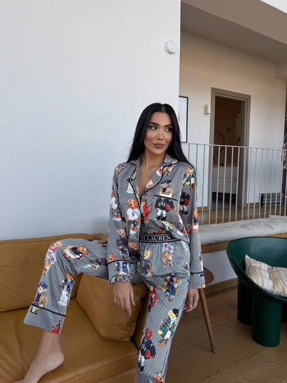 Siyah Çizgili Saten Ayıcık Desenli Polo RL Kadın Pijama Takımı