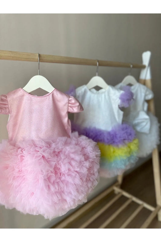 Pembe Kabarık Tütü Etekli Simli Kız Bebek Elbise