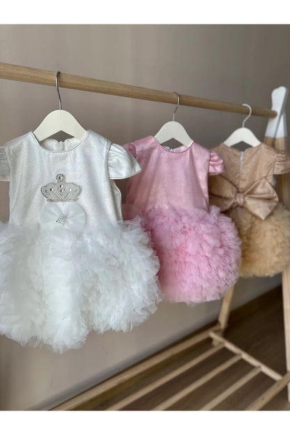 Beyaz Kabarık Tütü Etekli Simli Kız Bebek Elbise