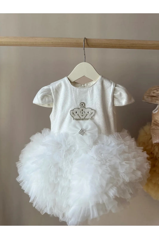 Beyaz Kabarık Tütü Etekli Simli Kız Bebek Elbise
