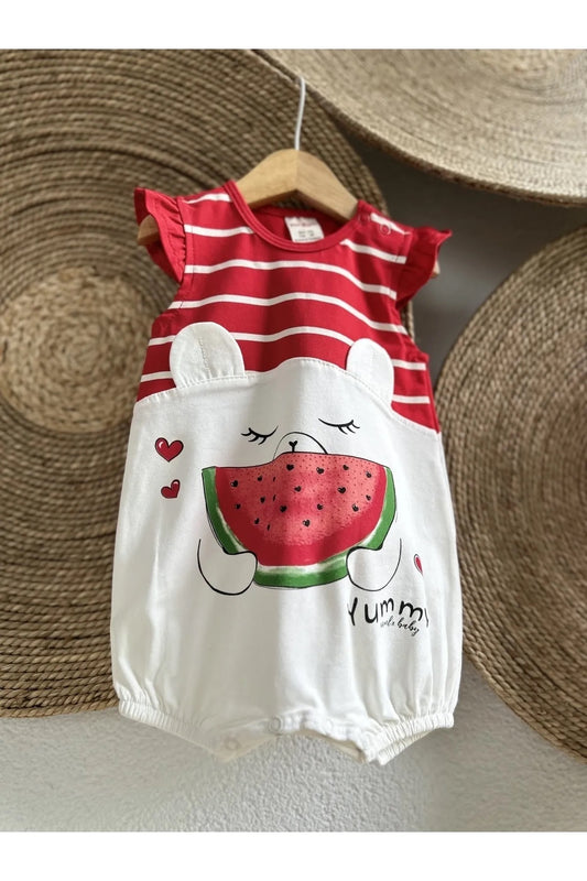 Kırmızı Karpuz Baskılı Kız Bebek Çıtçıtlı Body