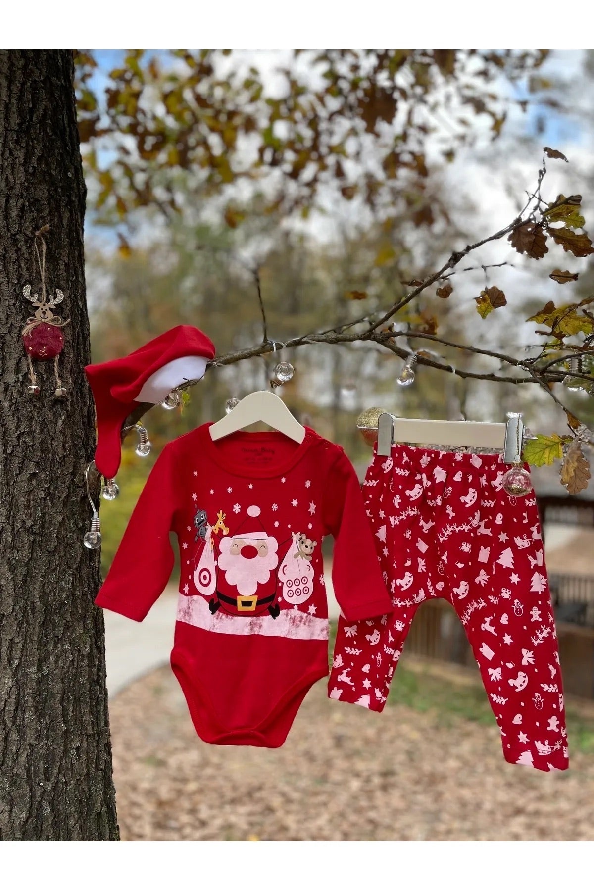 Yılbaşı Temalı Noel Baba Desenli 3'lü Bebek Takım