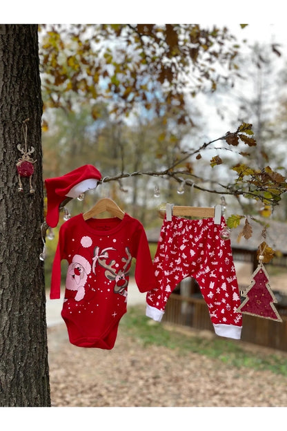 Yılbaşı Temalı Noel Baba ve Ren Geyiği Desenli 3'lü Bebek Takım