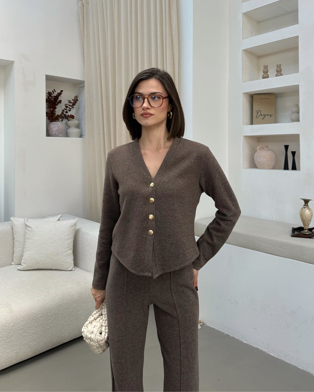 Kahverengi Selanik Düğmeli Hırka