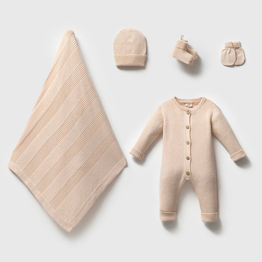 Bej Triko Tulumlu 5'li Unisex Bebek Hastane Çıkış Seti