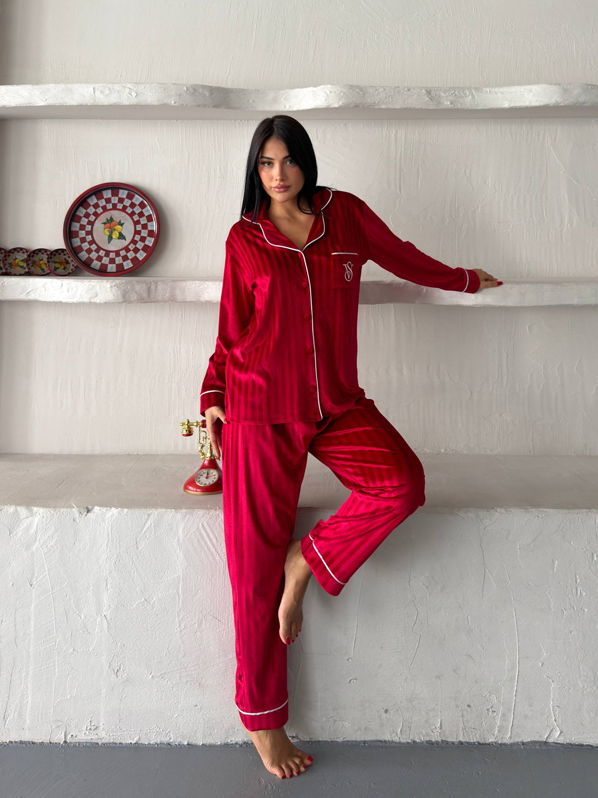 Kadın Kırmızı Kadife VS Pijama Takımı