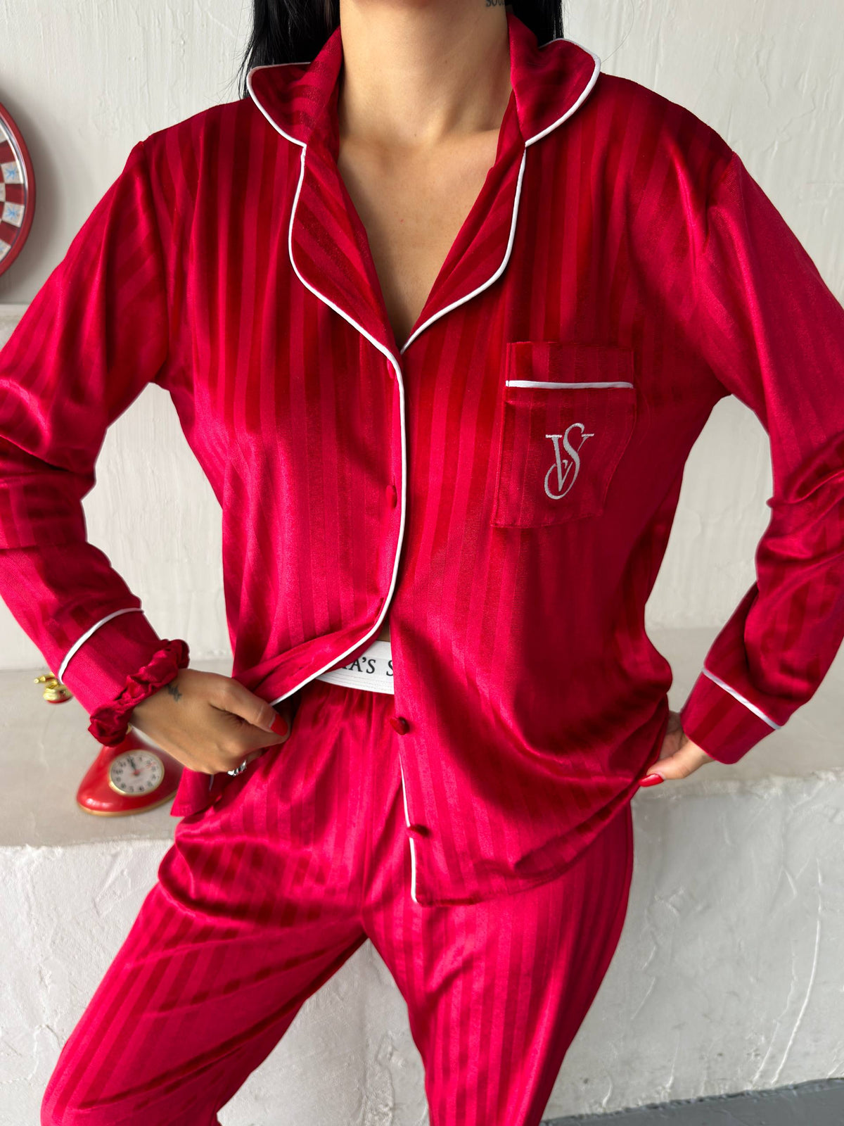 Kadın Kırmızı Kadife VS Pijama Takımı